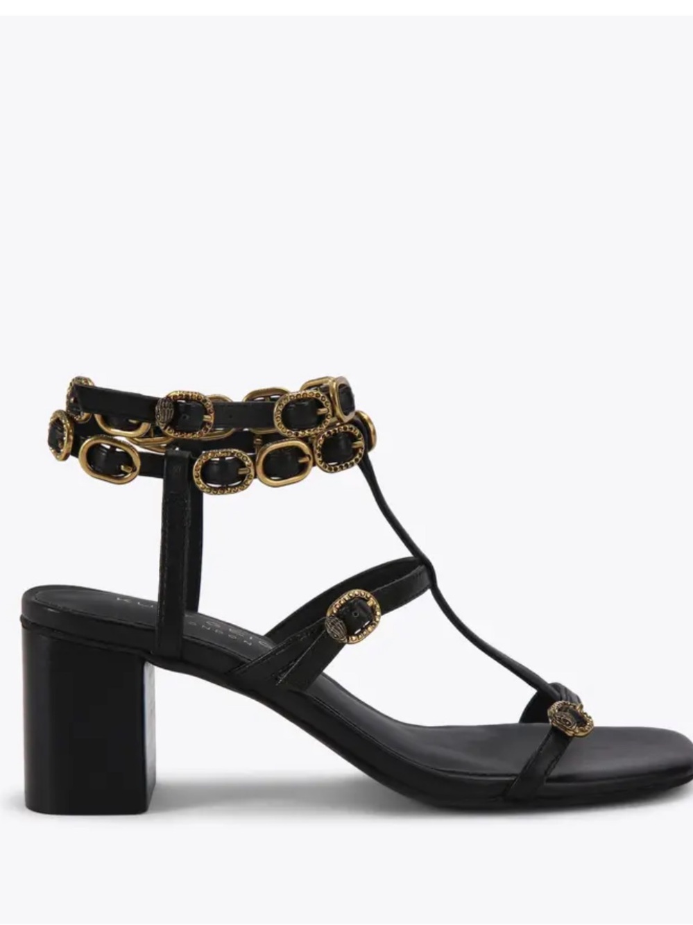 Kurt Geiger Black Block Heel Gladiator Sandal with Gold Hardware